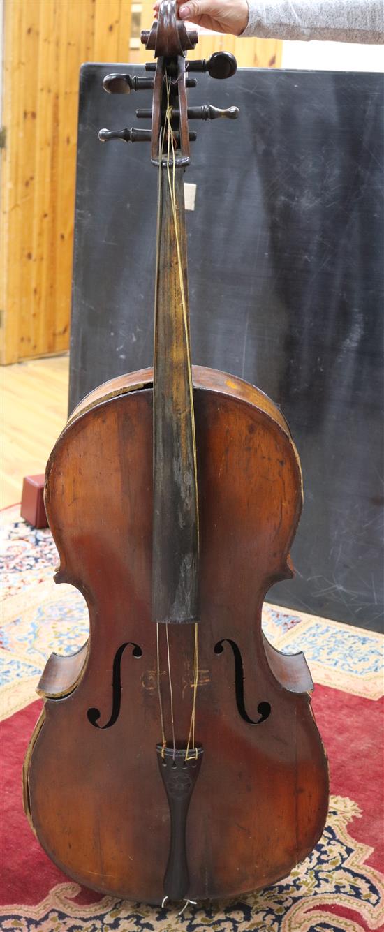 A full sized cello bearing label Arthur Richardson ... and two bows (one silver mounted), the other signed Wilhelm ... uhl